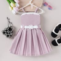 Little girl summer elegant solid color simple back collar contrast color suspender dress + belt two-piece set  Pink