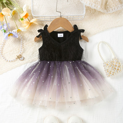 Gorgeous romantic sequined gradient mesh bow sleeveless dress for infants and toddlers