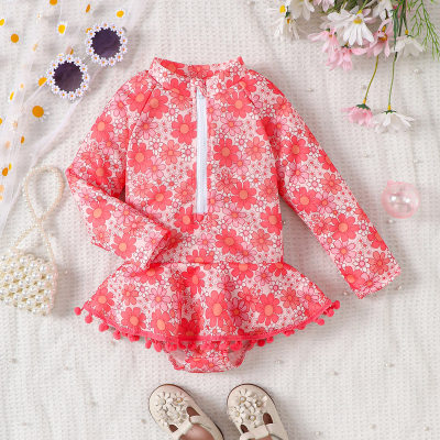 Children's summer cute floral full print edge stitching front zipper long sleeve triangle skirt swimsuit