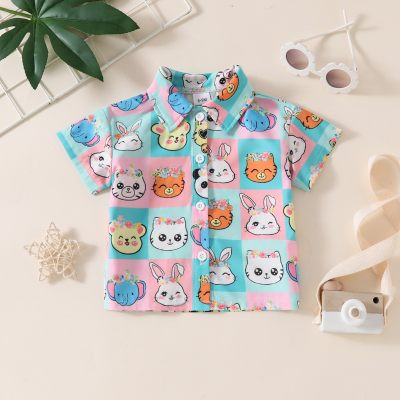 Baby summer cute cartoon animal plaid front button short shirt