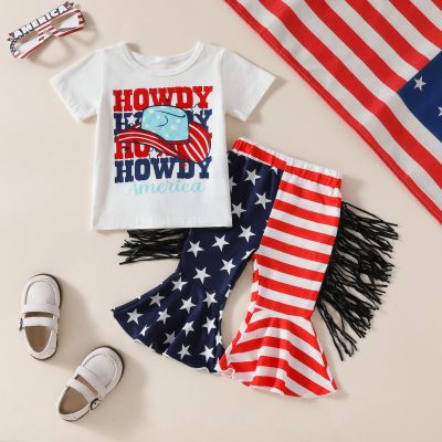 Infant and child summer Independence Day flag element hat letter print T-shirt + striped side long flared pants two-piece set