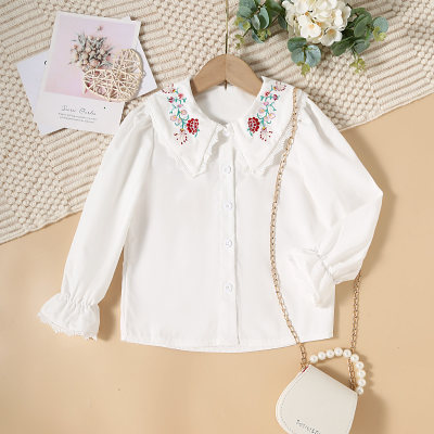 Toddler Girl Floral Embroidered Lapel Long Sleeve Shirt