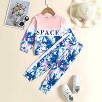 2-piece Toddler Girl Coconut Tree and Letter Printed Patchwork Long Sleeve Top & Matching Pants  Pink