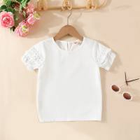 Girls summer solid color simple hollow short-sleeved drop button shirt  White