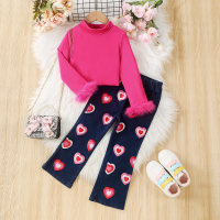 2-Piece Toddler Girl Half Turtleneck Furry Cuffs Top & Denim Heart Print Micro-flared Pants  Hot Pink