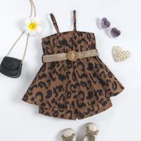 Little girl summer hot girl leopard print waist suspender jumpsuit + belt two-piece set  Leopard