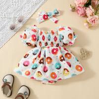 Lindo vestido de mameluco triangular con mangas abullonadas en forma de donut de verano para niñas + conjunto de dos piezas con pañuelo para la cabeza  Blanco