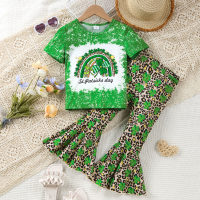 Girls' four-leaf clover rainbow pattern short-sleeved T-shirt top + leopard print bell-bottom pants set  Green