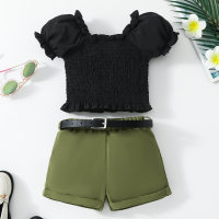 Top corto + pantalones cortos + cinturón con cuello cuadrado y manga abullonada para bebés y niños pequeños  Negro