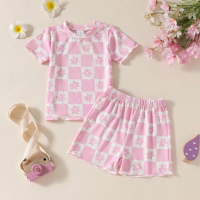 Verão infantil casual rosa e branco flor xadrez estampa completa em torno do pescoço camiseta + shorts conjunto de duas peças