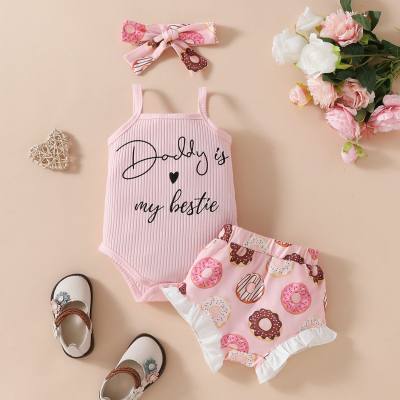 Baby summer sweet and cute letter printed suspender triangle hoodie + donut lace briefs + headscarf three-piece set