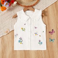 Camisa con cuello de muñeca bordada con flores lindas para mujer de verano para niñas  Blanco