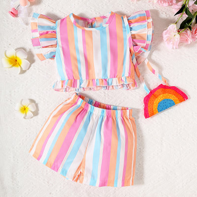 2-teilige Kleinkind-Mädchen-Bluse mit Farbblock-Streifen und gerüschten Ärmeln und passenden Shorts