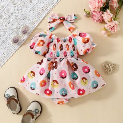 Lindo vestido de mameluco triangular con mangas abullonadas en forma de donut de verano para niñas + conjunto de dos piezas con pañuelo para la cabeza
