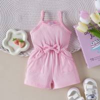 Summer baby girl's ribbed simple pocket bow suspender shorts  Pink