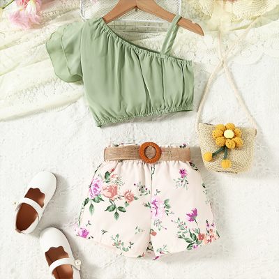 Little girl's summer slanted shoulder ruffle suspender short top + plant flower shorts + belt three-piece set