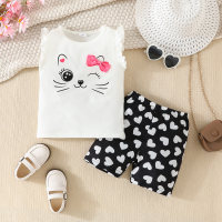 2-piece Toddler Girl Cat Style Vest & Allover Heart Printed Shorts  White