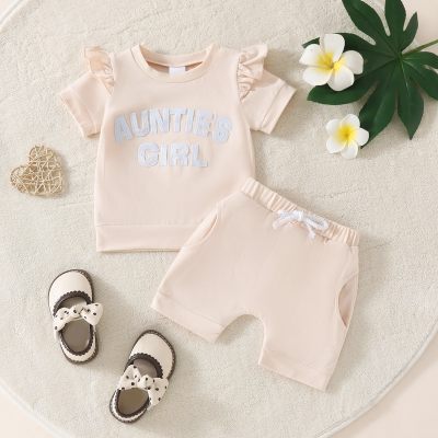 Summer daily casual letter printed flying sleeve T-shirt top + solid color pocket shorts two-piece set for infants and toddlers