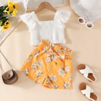 3-piece Toddler Girl Solid Color Square Neck Short Sleeve Blouse & Floral Printed Shorts & Belt  White
