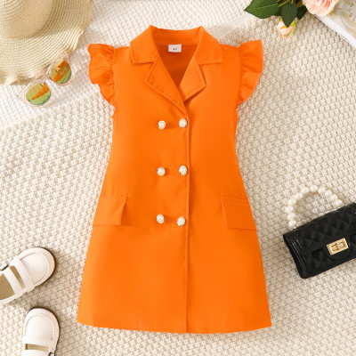Toddler Girl Solid Color Button Front Fly Sleeve Dress