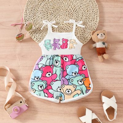 Baby girl summer cute cartoon four-color doll suspender bow jumpsuit shorts