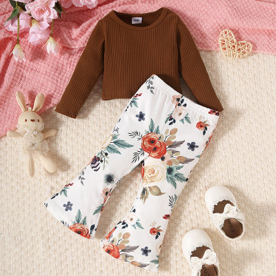 Infant and child European and American style solid color short top + floral bell bottoms