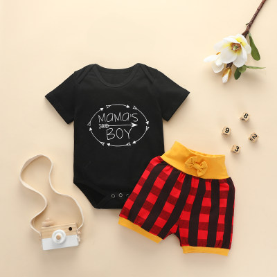 Baby Boy Letter Pattern Bodysuit & Plaid Shorts