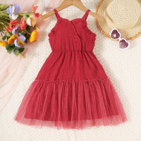 Toddler Girl Solid Color Mesh Patchwork Strap Dress  Red
