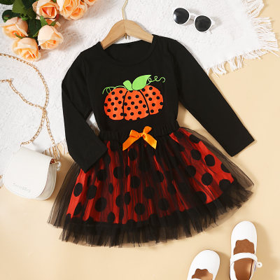 Vestido de manga larga de patchwork de malla con lunares estilo Halloween de niña pequeña de 2 piezas