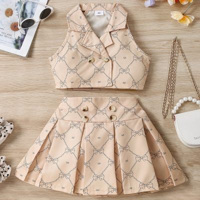 Kids Hot Girl Bow Grid Pattern Halter Front Button Cropped Top + Skirt Two-piece Set