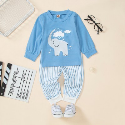 2-piece Baby Boy Solid Color Elephant Printed Long Sleeve Top & Striped Pants