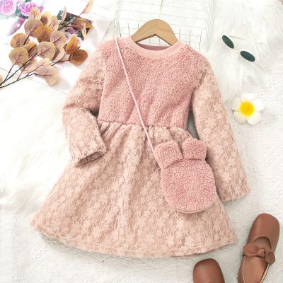 2-piece Toddler Girl Fluffy With Lace Patchwork Thickened Dress & Matching Bag