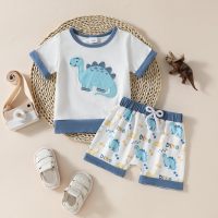 Baby summer color block dinosaur patch letter T-shirt top + shorts two-piece set  Blue