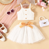 3-piece Toddler Girl Button Front Cami Top & Mesh Patchwork Skirt & Belt  White
