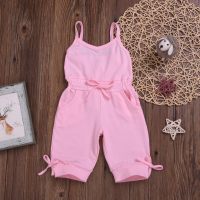 Baby solid color casual bow tie pocket suspender jumpsuit  Pink