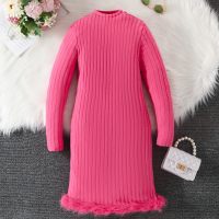 Kid Girl Solid Color Ribbed Plush Patchwork Long Sleeve Dress  Hot Pink