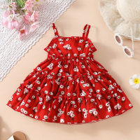 Vestido infantil elegante de verão com cruz frontal e bolo floral com suspensório  Vermelho
