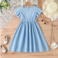 Girls summer solid color simple ladies back button small flying sleeves lace patchwork waist dress  Blue