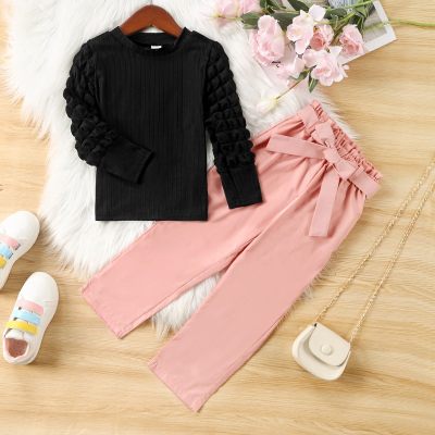 2-Piece Toddler Girl Striped Puff Sleeve Tops & Casual Straight Pants