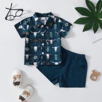 Baby boy loose summer bull head animal front pocket short-sleeved shirt + shorts two-piece set  Blue
