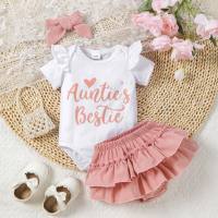 Infant and toddler letter love print small flying sleeve short-sleeved triangle hoodie + ruffled briefs + headscarf three-piece set  Pink