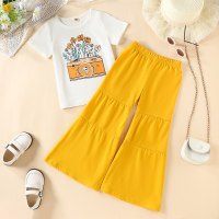 2-piece Toddler Girl Floral Printed Short Sleeve T-shirt & Solid Color Loose Pants  White