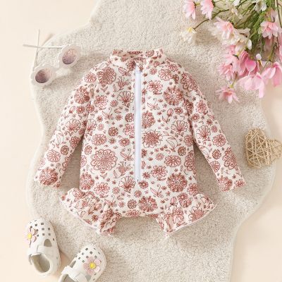 Baby Summer Fashion Floral Front Zipper Ruffle Long Sleeve Triangle Swimsuit