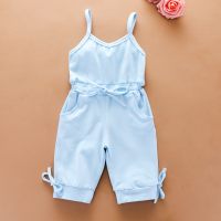 Combinaison décontractée à bretelles avec poche et nœud papillon pour bébé, couleur unie  Bleu