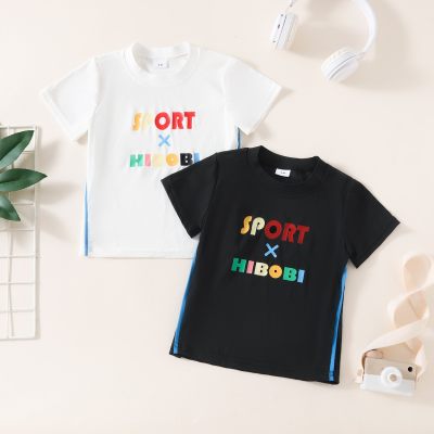 Camiseta de manga corta de canalé de seda hielo deportiva de secado rápido con estampado de letras para niño pequeño