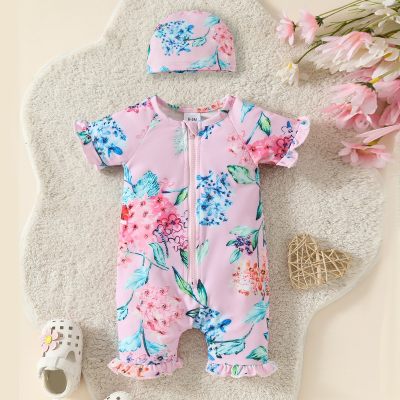 Baby Mädchen Sommer Süß Blumenmuster Frontreißverschluss Raglanärmel Einteiliger Badeanzug + Mütze Zweiteiliges Set