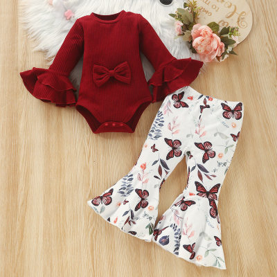 Infant solid color ribbed bowknot trumpet sleeve triangle jumpsuit + floral and plant butterfly print bell-bottom pants