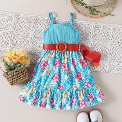 Summer casual beach vacation style for little girls with floral suspenders and belt