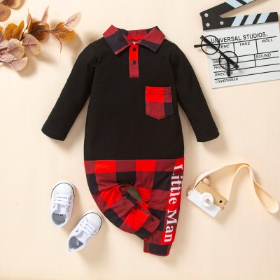 Baby Boy Color-block Plaid Patchwork Letter Printed Polo Collar Pocket Front Long-sleeved Long-leg Romper