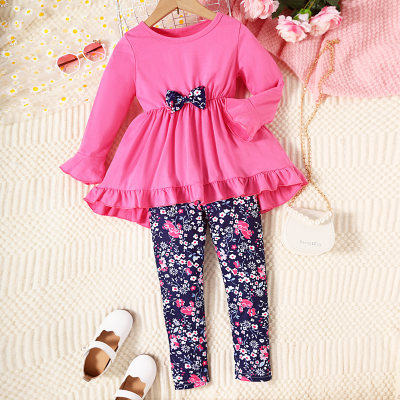 2-piece Toddler Girl Solid Color Bowknot Decor Long Sleeve Blouse & Floral Printed Leggings